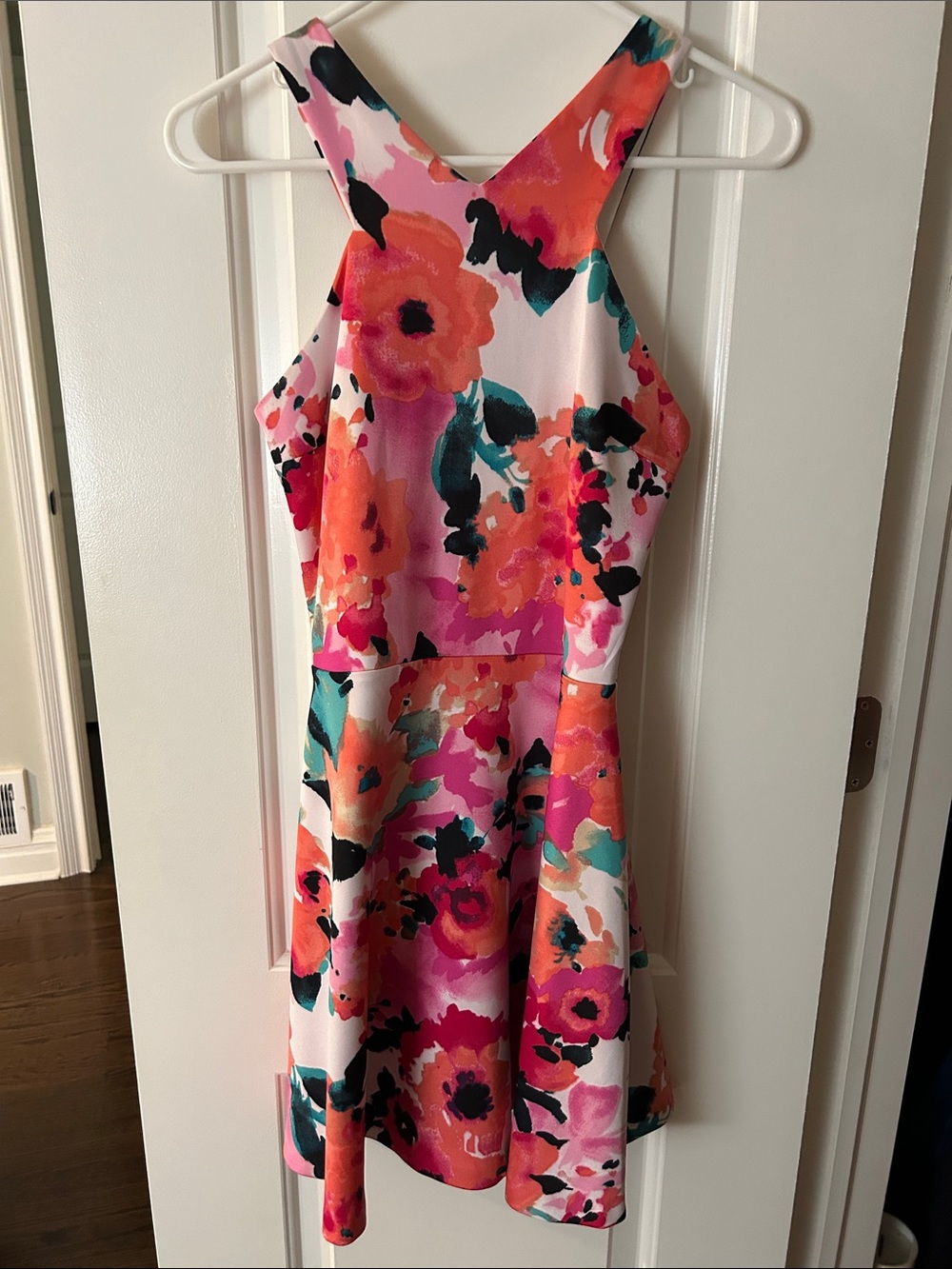 Aqua Floral Fit & Flare Dress - Pink & Orange